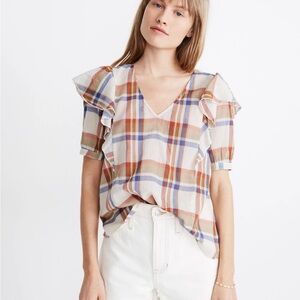 Madewell V-Neck Shoulder-Ruffle Top in Plaid